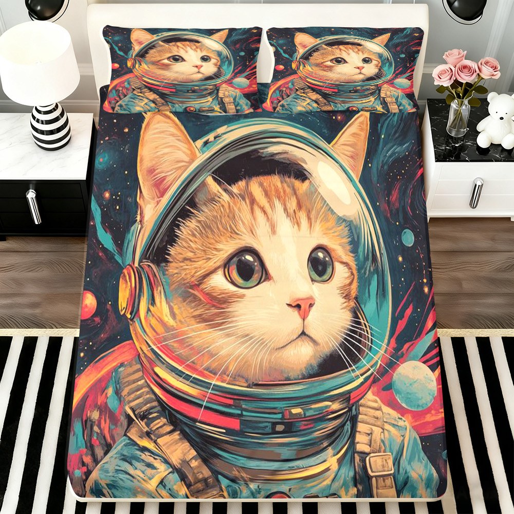 Space Cat Astronaut Bed Sheet  - Baby Nursery Bedding 评论和价格