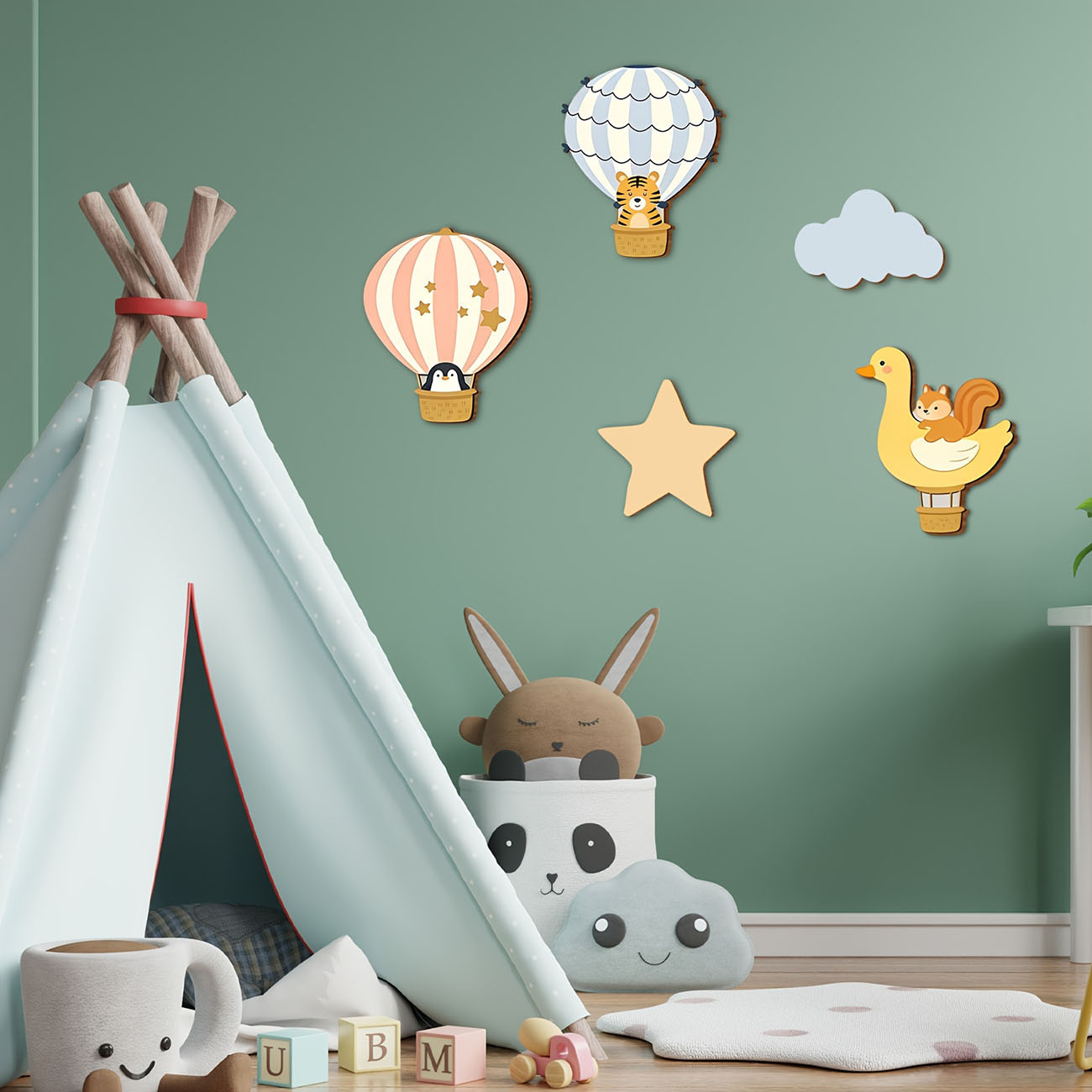 5Pcs Animal Hot Air Balloon Wo - Baby Nursery Wallpaper 评论和价格
